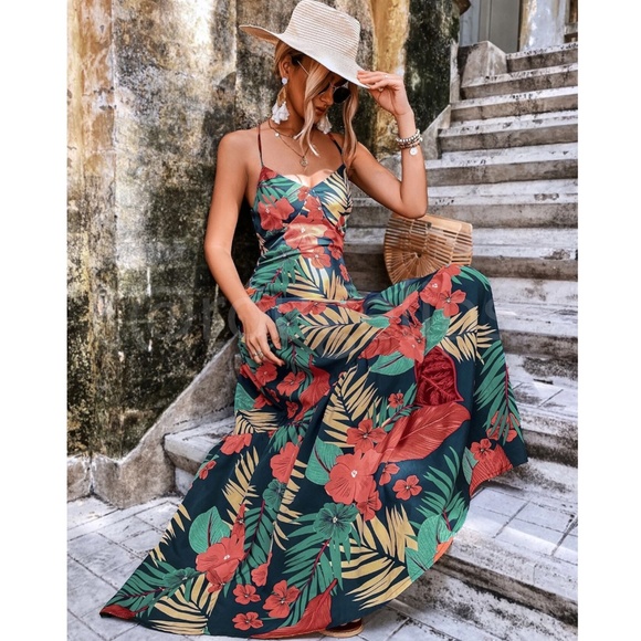 Tropical Maxi Dress Flared Open Back Criss Cross Ties Straps Red on Black - Picture 1 of 7